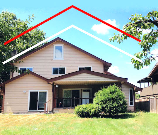 This older 2.5-storey house is 7.7 metres high. The white chevron shows the height limit for new Richmond houses, 9 metres. The red chevron shows “phony height,” an actual 10.5 metres that counts as 9 metres. (As well, a new house could have a higher site grade and 75% more floor area.)